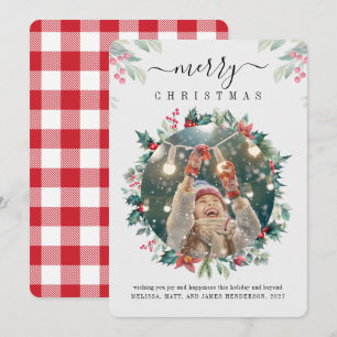 Vrolijk Kerstfeest Familie Foto Mistletoe Berries Feestdagenkaart