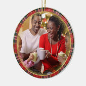 Vrolijk Kerstfeest Familie Foto Rood Groen Plaid Keramisch Ornament (Links)