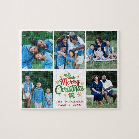 Vrolijk Kerstfeest Familie Fotocollage Feestelijke Legpuzzel (Horizontaal)