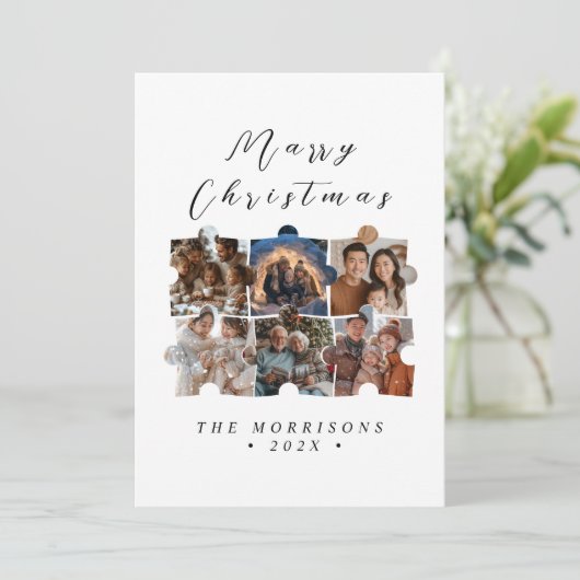 Vrolijk Kerstfeest Familie Puzzel Collage Foto's Feestdagenkaart (Staand voorkant)