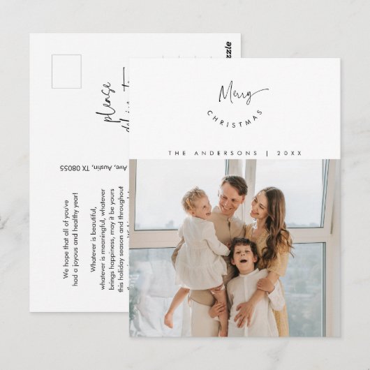 Vrolijk kerstfeest, familiefoto, hedendaags script briefkaart (Voorkant / Achterkant)