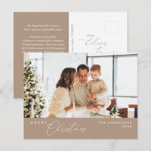 Vrolijk Kerstfeest Familiefoto, Taupe Brown Briefkaart (Voorkant / Achterkant)