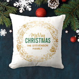 Vrolijk Kerstfeest Familienaam Gouden krans Kussen
