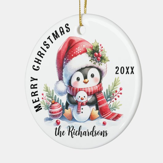 Vrolijk Kerstfeest Familienaam Schattigee Pinguïn Keramisch Ornament (Links)
