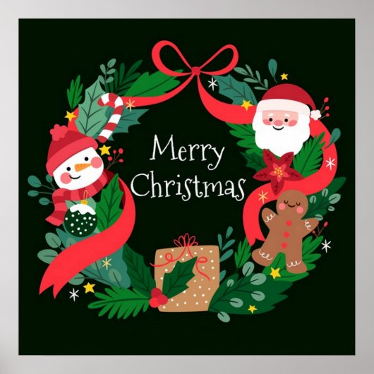 Vrolijk kerstfeest Fancy Wit, Kerstman en sneeuwma Poster (Voorkant)