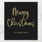 vrolijk kerstfeest | Faux Gold Casual Script op zw Wijn Etiket (Enkel label)