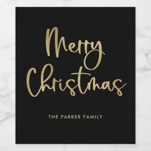 vrolijk kerstfeest | Faux Gold Casual Script op zw Wijn Etiket (Enkel label)