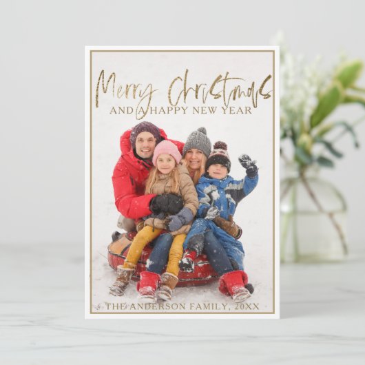 Vrolijk Kerstfeest Faux Gold Kalligrafie Foto Feestdagenkaart (Staand voorkant)