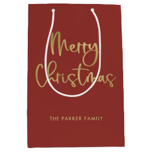 Vrolijk kerstfeest Faux Gold op rood Casual scri Medium Cadeauzakje