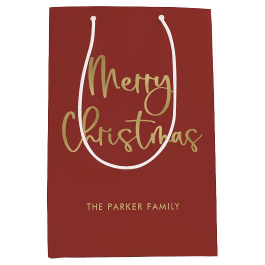 Vrolijk kerstfeest | Faux Gold op rood Casual scri Medium Cadeauzakje (Voorkant)
