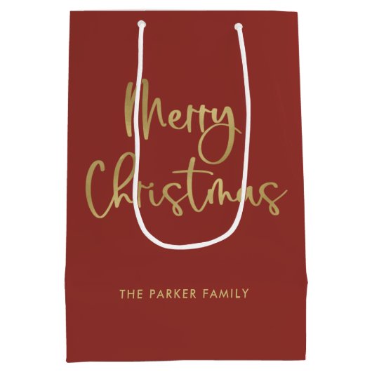 Vrolijk kerstfeest | Faux Gold op rood Casual scri Medium Cadeauzakje (Achterkant)