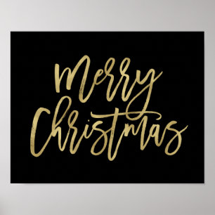 Vrolijk kerstfeest   Faux Gold Typografie op zwart Poster