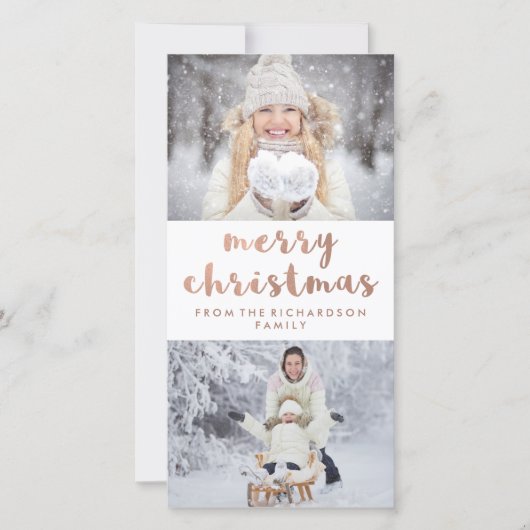 vrolijk kerstfeest | Faux Roos Gold met twee foto' Feestdagenkaart (Voorkant)