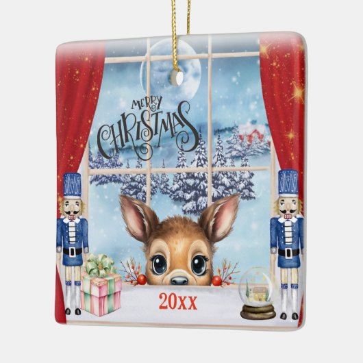 Vrolijk Kerstfeest - Fawn gluren door het raam Keramisch Ornament (Links)