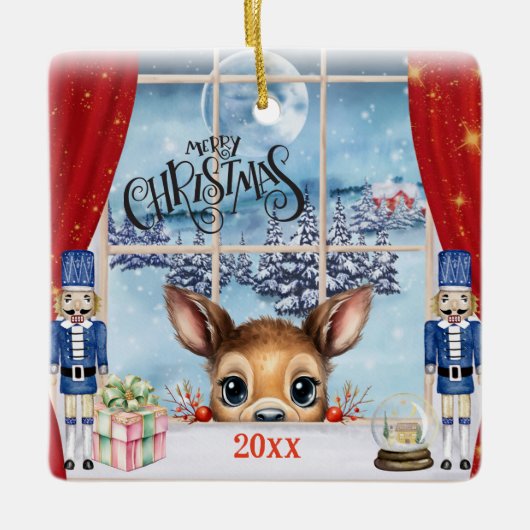 Vrolijk Kerstfeest - Fawn gluren door het raam Keramisch Ornament (Voorkant)