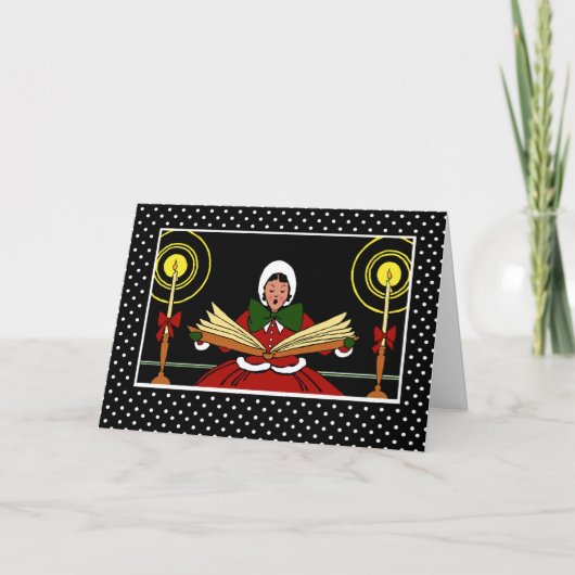 Vrolijk kerstfeest, feestelijk meisje zingen een c feestdagen kaart (Voorkant)