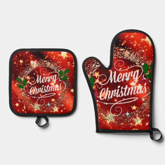 Vrolijk Kerstfeest, feestelijk ontwerp, Ovenwant & Pannenlap Set (Voorkant)