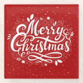 Vrolijk Kerstfeest Feestelijk Rood en Wit Glazen Onderzetter (Voorkant)