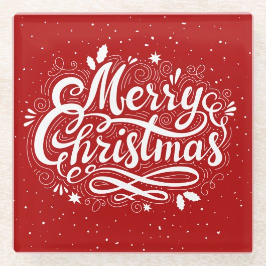 Vrolijk Kerstfeest Feestelijk Rood en Wit Glazen Onderzetter (Voorkant)