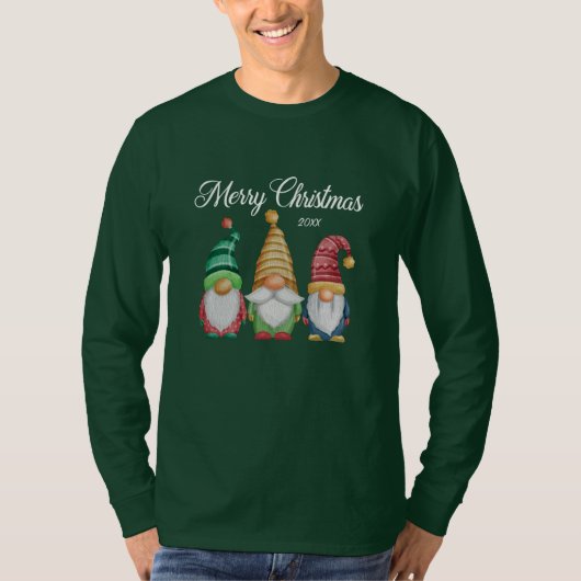 Vrolijk Kerstfeest Feestelijke Gnomen Groene Lange T-shirt (Voorkant)