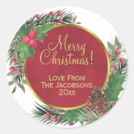 vrolijk kerstfeest! Feestelijke Holly & Pine vakan Ronde Sticker