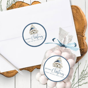 Vrolijk kerstfeest, feestelijke puppy, blauw en wi ronde sticker