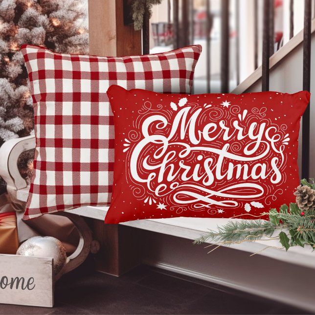 Vrolijk kerstfeest feestelijke rode en witte feest accent kussen (Merry Christmas Festive Red and White Holiday Accent Pillow)