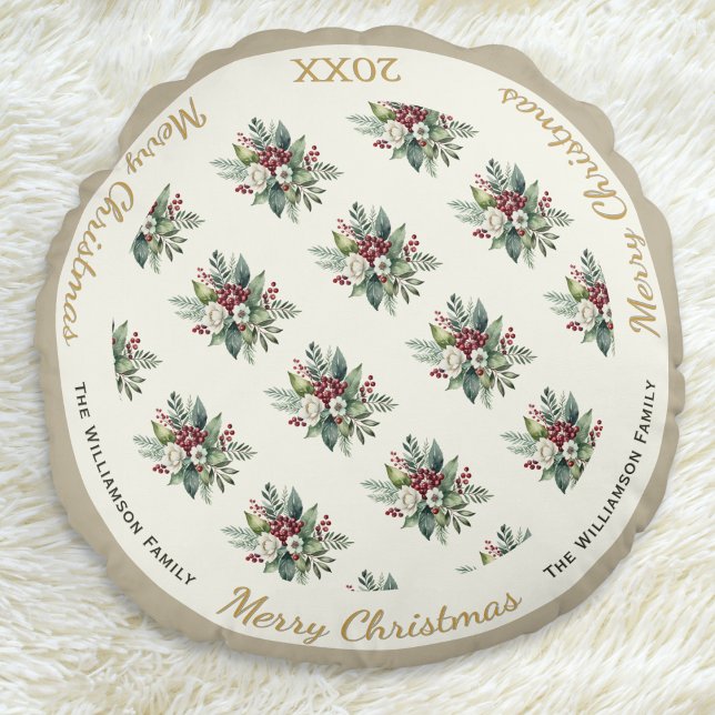 Vrolijk Kerstfeest Feestelijke Vakantie Waterverf  Rond Kussen (An elegant round pillow with 'Merry Christmas' words, floral pattern and customizable name and year)