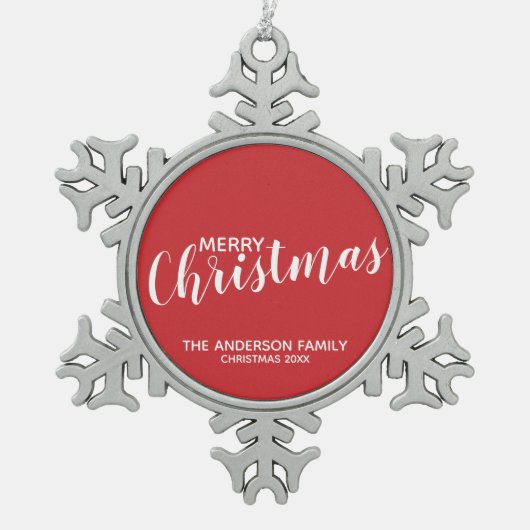 'Vrolijk kerstfeest' Festive Red Tin Sneeuwvlok Ornament (Voorkant)
