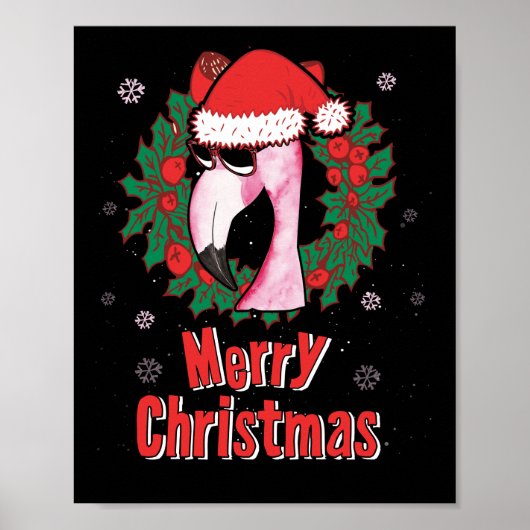 Vrolijk kerstfeest Flamingo Santa Hat Zonnebrillen Poster (Voorkant)