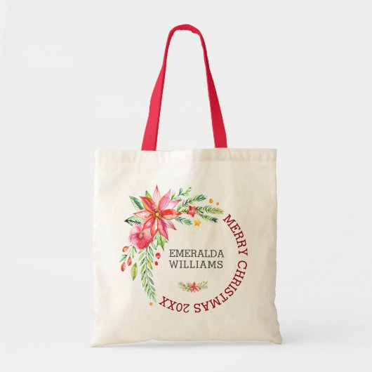 Vrolijk kerstfeest Floral Flowers Bouquet & Text 2 Tote Bag (Voorkant)