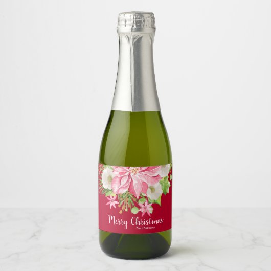 Vrolijk kerstfeest Floral Poinsettia Holiday Mini  Sparkling Wijnetiket (Voorkant)