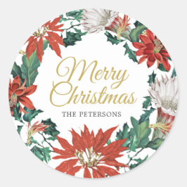 Vrolijk kerstfeest Floral Poinsettia Wreath Ronde Sticker