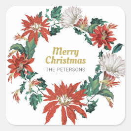 Vrolijk kerstfeest Floral Poinsettia Wreath Vierkante Sticker