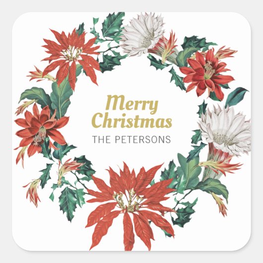 Vrolijk kerstfeest Floral Poinsettia Wreath Vierkante Sticker (Voorkant)
