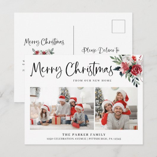 Vrolijk kerstfeest | Florale adreswijziging Foto Feestdagenkaart (Voorkant / Achterkant)