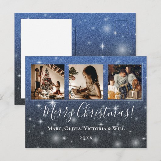 Vrolijk Kerstfeest Foto Blauw Glitter Feestdagenkaart (Voorkant / Achterkant)