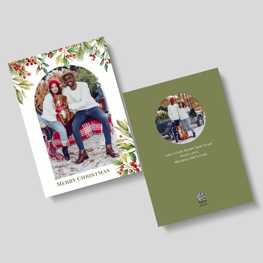 Vrolijk kerstfeest foto boog botanisch groen feestdagenkaart