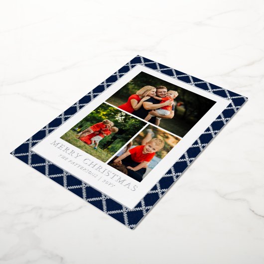 Vrolijk Kerstfeest Foto Collage Blauw Check Folie Feestdagenkaart (Gedraaid)