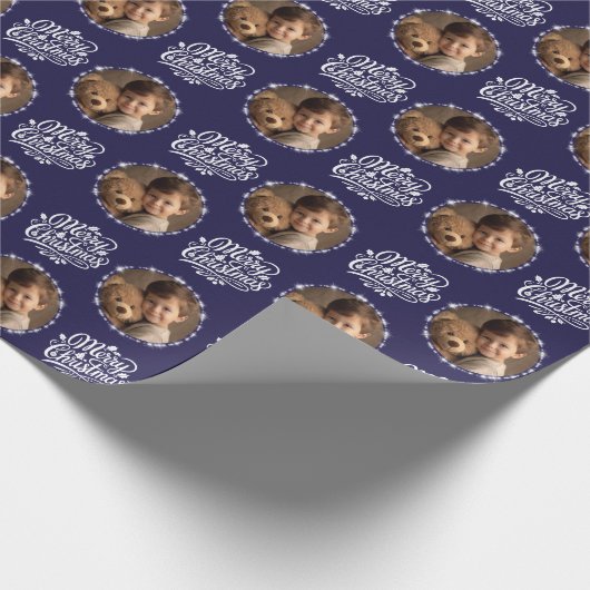 Vrolijk Kerstfeest Foto Marine Sparkle Gift Cadeaupapier (Hoek)