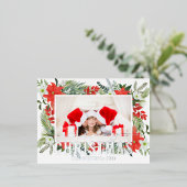 Vrolijk kerstfeest Foto Moderne Waterverf Rood Flo Folie Feestdagen Briefkaart (Staand Voorkant)