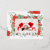 Vrolijk kerstfeest Foto Moderne Waterverf Rood Flo Folie Feestdagen Briefkaart (Voorkant / Achterkant)