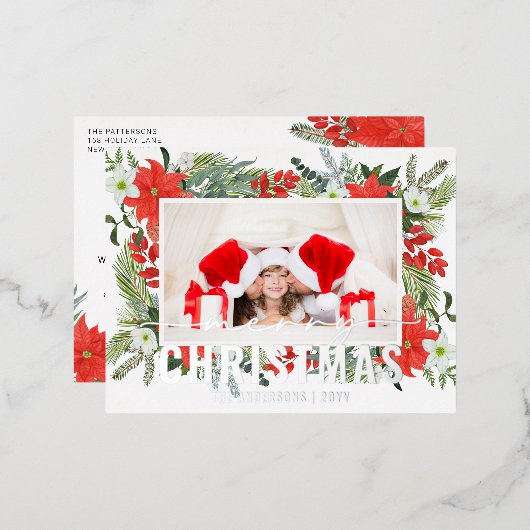Vrolijk kerstfeest Foto Moderne Waterverf Rood Flo Folie Feestdagen Briefkaart (Voorkant / Achterkant)