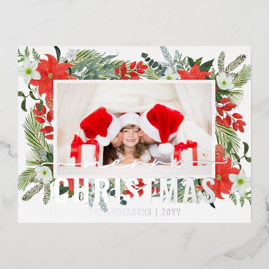 Vrolijk kerstfeest Foto Moderne Waterverf Rood Flo Folie Feestdagen Briefkaart (Voorkant)