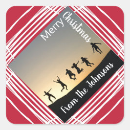 Vrolijk kerstfeest Foto Naam Rood cadeaulabel Vierkante Sticker