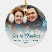 Vrolijk Kerstfeest Foto Pas getrouwd Turquoise Scr Keramisch Ornament (Voorkant)