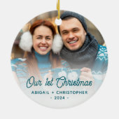 Vrolijk Kerstfeest Foto Pas getrouwd Turquoise Scr Keramisch Ornament (Achterkant)