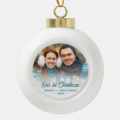 Vrolijk Kerstfeest Foto Pas getrouwd Turquoise Scr Keramische Bal Ornament (Voorkant)