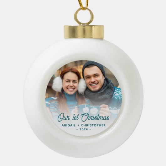 Vrolijk Kerstfeest Foto Pas getrouwd Turquoise Scr Keramische Bal Ornament (Voorkant)