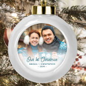 Vrolijk Kerstfeest Foto Pas getrouwd Turquoise Scr Keramische Bal Ornament